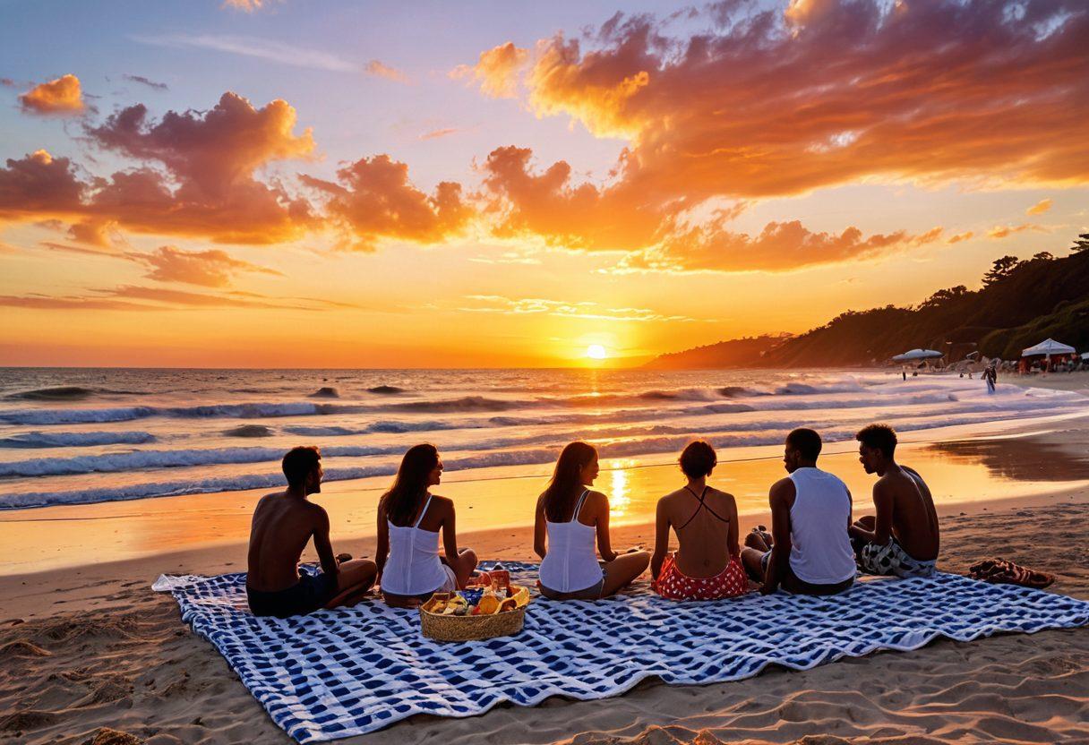 A lively beach scene capturing couples enjoying summer outings: a sunset couples' picnic with a checkered blanket, laughter, and flirtatious glances, nearby friends playing beach volleyball, colorful beach umbrellas dotting the sandy shore, waves gently lapping, and seashells scattered around. Capture the vibrant, warm tones of a summer evening sky. super-realistic. vibrant colors. 3D.